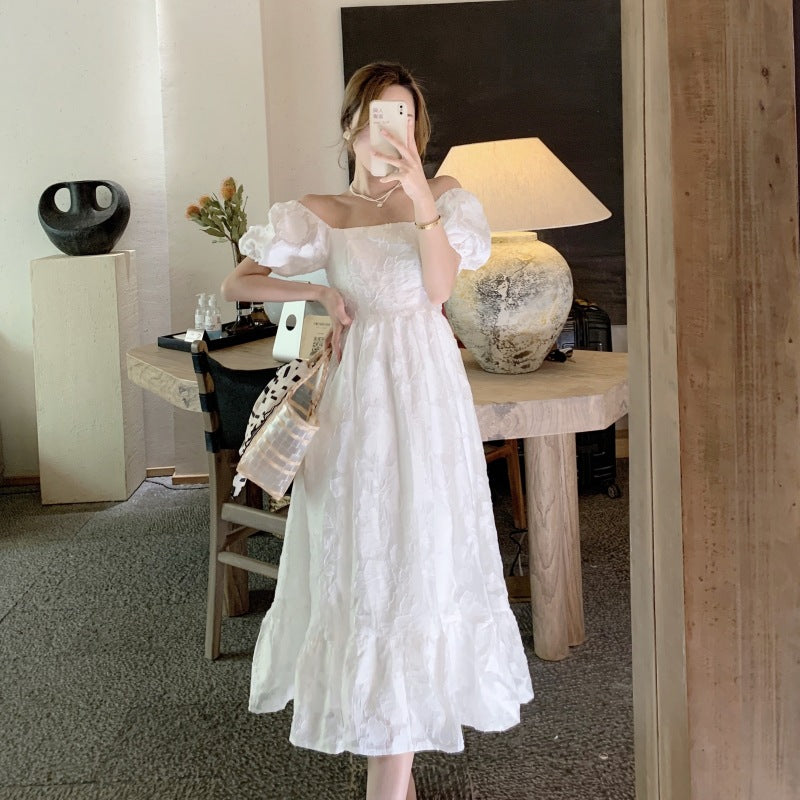 Fairy Dress French Style Temperament White Dress Women's Summer Retro Gentle Style Jacquard Puff Sleeve
