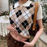 Preppy Aesthetic Outfits Women's Diamond Plaid Sleeveless Sweater Preppy Style Woolen Vest for Women