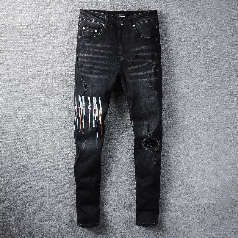 Amiri Trousers New US Amiri Leisure Washed-out Splash-Ink Painted Slim Jeans