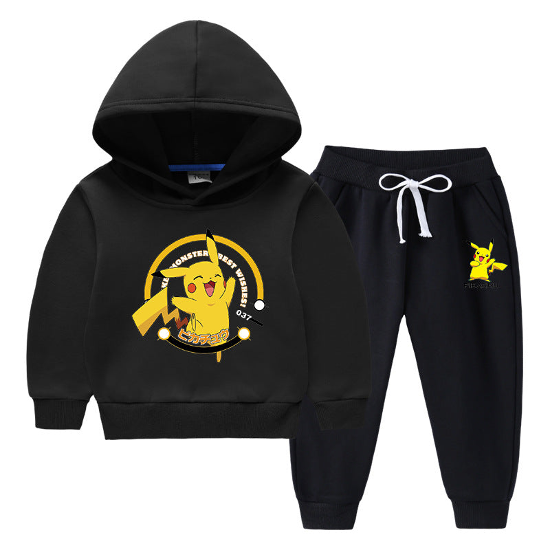 Children Pokemon Pikachu Hoodie & Pant Set Fleece Lined Padded Warm Keeping Winter Clothes Sweatershirt Suit