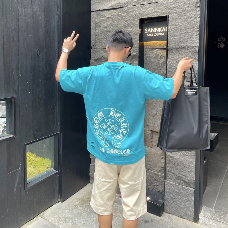 CHH Chrome Heart T Shirt Spring/Summer Printed Ripped round Neck Short Sleeve T-shirt for Men and Women