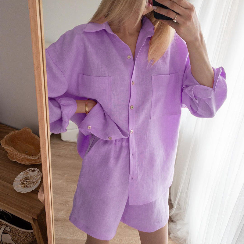 Women Bohemian Shirts Women's Shirt Elastic Waist Shorts Cotton and Linen Two-Piece Suit
