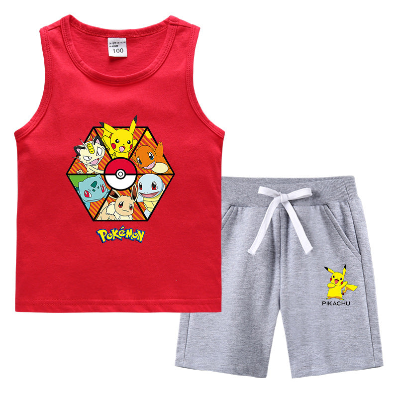 Children Pokemon Pikachu Tshirts & Shorts Summer Vest Middle Pants Sports Casual Thin Two Pieces