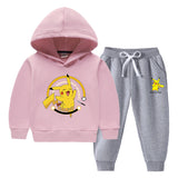 Children Pokemon Pikachu Hoodie & Pant Set Fleece Lined Padded Warm Keeping Winter Clothes Sweatershirt Suit