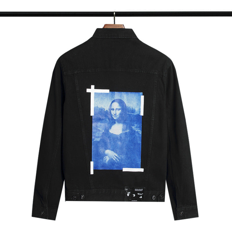 Off White Winter Coat Spring and Autumn Mona Lisa Portrait Pattern Denim Jacket for Men and Women