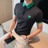 Men Short Sleeve T-Shirt Contrast Color Embroidered Leather Short Sleeve Top