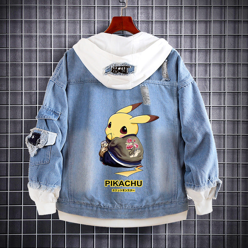 Men and Women Pokemon Pikachu Coat Spring and Autumn Pikachu Anime Denim Hoodie