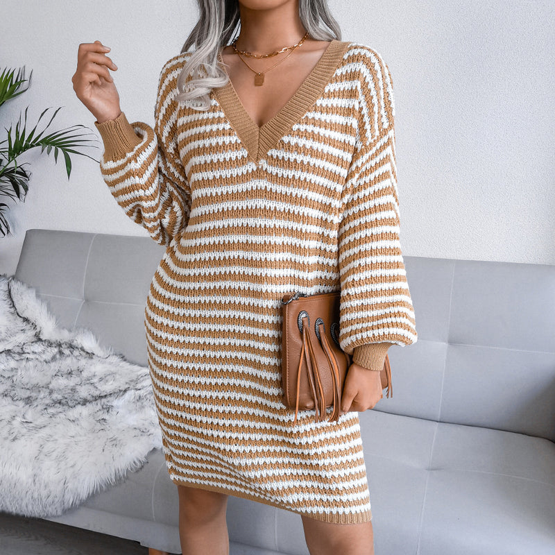Sweater Dress Outfit With Tights 2 Pieces Set Autumn and Winter Striped Hollow out Woolen Skirt Knitted Dress