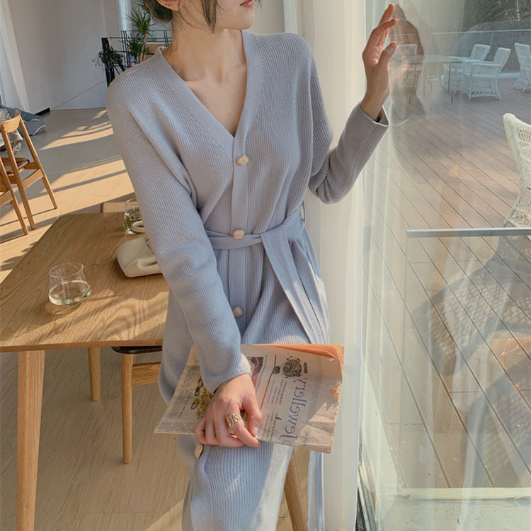 Fairy Dress Knitted Dress for Women Autumn and Winter Lacing French Style V-neck Inner Wear Bottoming Skirt Fairy Skirt