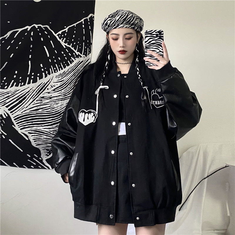 Gothic Lolita Harajuku Style Clothing Love Heart Embroidered Baseball Uniform All-Match Couple Coat Student