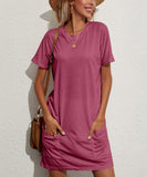 Work Dresses with Pockets Summer round Neck Solid Color Short Sleeve Casual Loose-Fitting T-shirt Dress