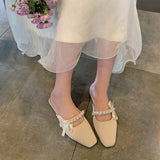 Nude Block Heel Sandals Vintage Bow Leather Shoes