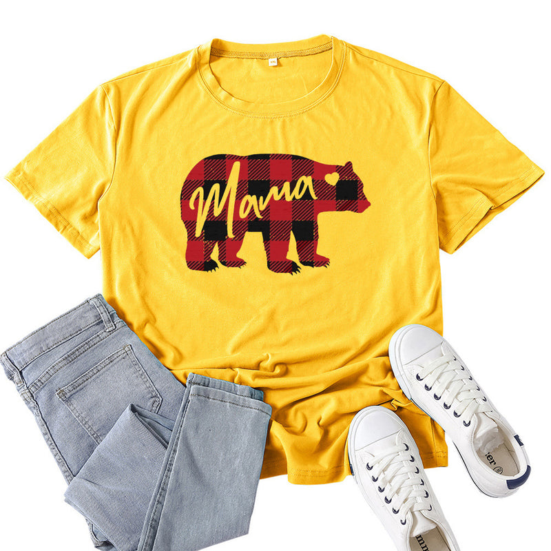 Boy Mama T Shirt Mama Bear Red Plaid Mother Bear Pattern Printed T-shirt