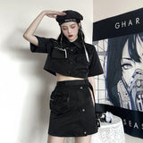 Gothic Lolita Harajuku Style Clothing Autumn Multi-Pocket Short Jacket High Waist Skirt Two-Piece Set
