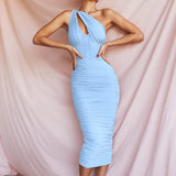 Bella Hadid Dress Mesh Shoulder Hollow Pleated Backless Dress