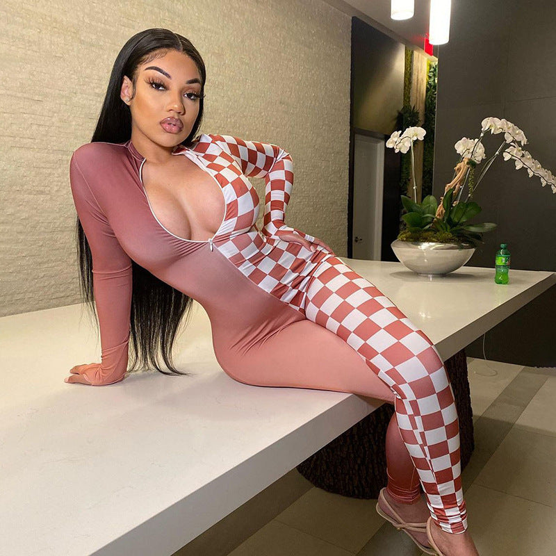 Fall Women's Clothing Fashion Color Contrast Printing Stitching High Waist Tight Sports Fitness Jumpsuit Women