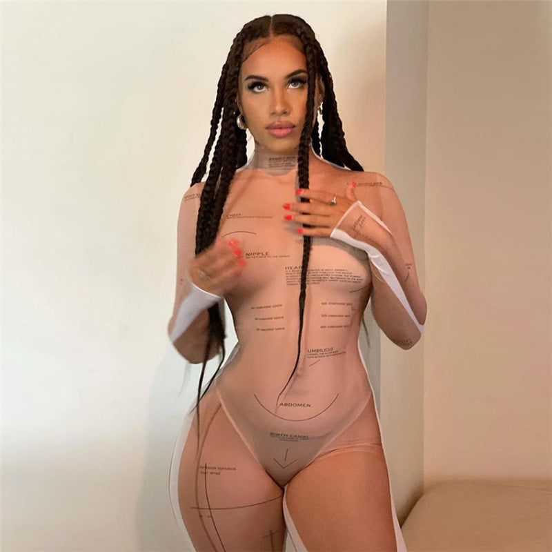 Fall Women's Clothing Sexy Mesh See-through Printed High Waist Tight Casual Sports Jumpsuit