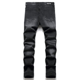 J Shaped Jeans Stitching Hole Patch Stick-on Crystals Men's Straight Stretch Jeans