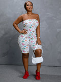 Women Plus Size One-Piece Clothes Butterfly Printed Sexy Tube Top Jumpsuit