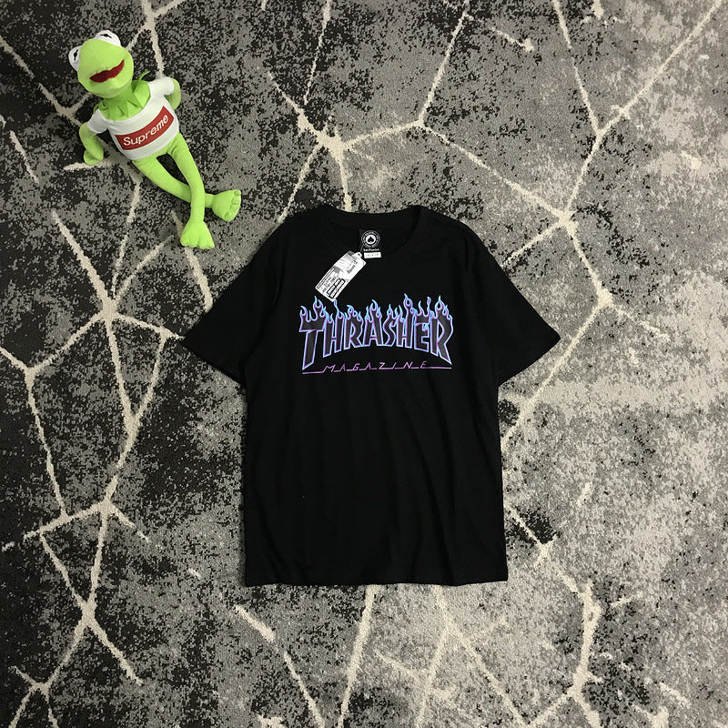 Thrasher T Shirt Niche T-shirt Couple Skateboard Flame T-shirt Summer