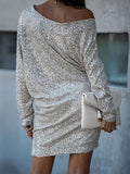 Sequin Evening Dressun Long Sleeve Slim Fit Skirt Solid Color Midi Dress