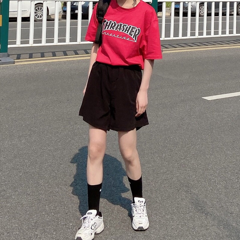 Thrasher T Shirt Summer T-shirt Male Letter Flame Print Pure Cotton Couple
