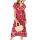 Beth Dutton Bohemian Dress Summer Spring Midi Dresses Sexy V-neck Waist Printed Beach Dress Maxi Skirt