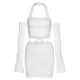 Women Top & Skirt 2 Piece Set Autumn Long Sleeve Backless T-shirt Slim Fit Sheath Skirt Suit