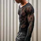 Transparent Shirt for Men Tight Moon Print Top Plaid Embroidery See-through T-shirt