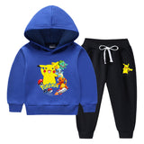 Children Pokemon Pikachu Hoodie & Pant Set Fleece Lined Padded Warm Keeping Winter Clothes Sweatershirt Suit