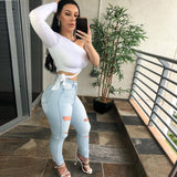 Women Plus Size Jeans Slim Fit Ripped Ankle-Tied Trousers