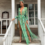 Bohemian Beach Dress Green V-neck Chiffon Floral