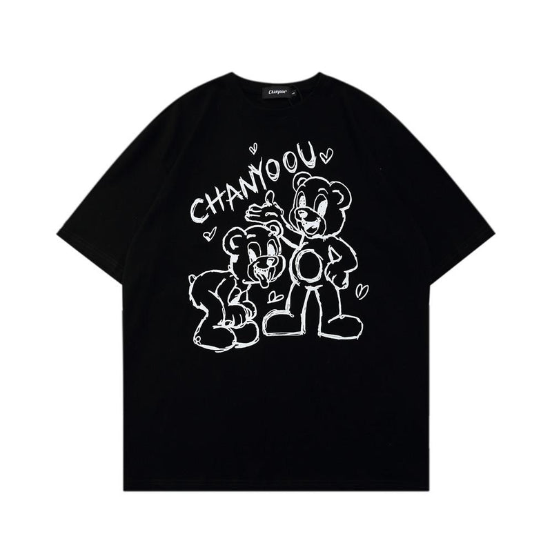 Men T Shirt Summer Casual Tops Cartoon Bear Printed Short Sleeve T-shirt Men's round Neck Half Sleeve Street Fashion Loose