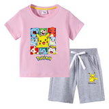 Children Pokemon Pikachu Tshirts & Shorts round Neck Half Sleeve T-shirt Suit Cotton Two-Piece Suit