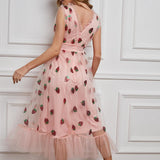 High Waist Sleeveless Strawberry Mesh Dress Casual Fashionable