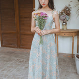 Women Cottagecore Dress Green Waist Trimming Spaghetti Straps Dress Summer