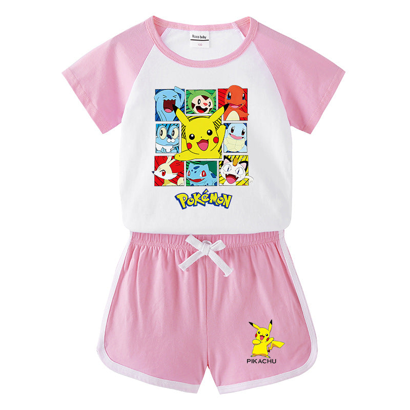 Children Pokemon Pikachu Tshirts & Shorts Short-Sleeved T-shirt Shorts Casual Sports Two-Piece Neutral