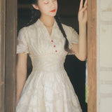 Women Cottagecore Dress Summer Retro Style Waist Dress Lady Gentle Long Dress