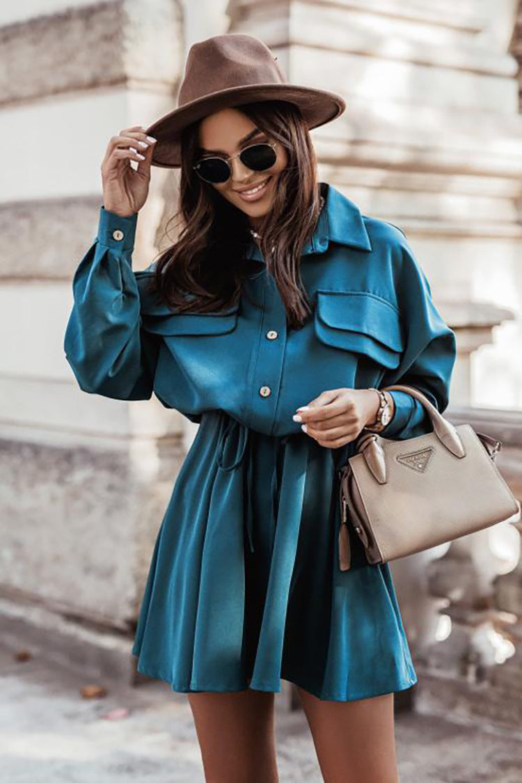 Work Dresses with Pockets Suit Collar Pocket Long Sleeve Casual Dress Short Skirt