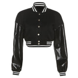 Women Coats Autumn and Winter Women's Single-Breasted Slim Jacket Pu Stitching Long Sleeve Baseball Uniform Coat