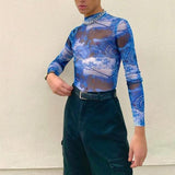 Transparent Shirt for Men Hip Hop Print See-through Tight Street T-shirt Men