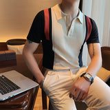Men Short Sleeve T-Shirt Color Block Knitted Polo Shirt Summer Lapels T-shirt