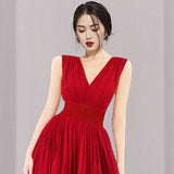 Prom Dresses Summer Red Elegant V-neck Irregular Cinched Bottoming Dress Sleeveless