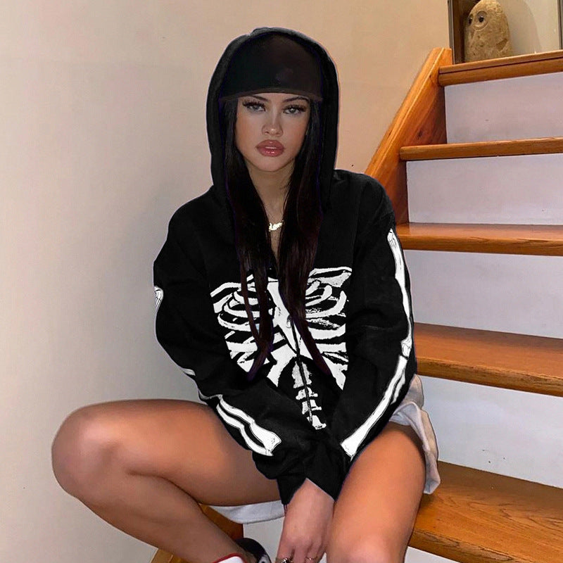 Skeleton Hoodie Autumn Sternum Pattern Long-Sleeved Top Loose Casual Hooded Zipper Sweater Coat