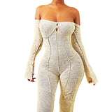 Fall Women's Clothing Sexy Mesh Floral Print off-Neck High Waist Tight Casual Jumpsuit Women