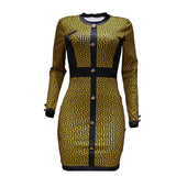 Women Dress Winter Vintage Slim-Fit Contrast Colors Cardigan Printed Dress