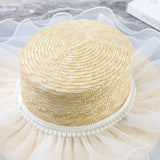 Straw Hat Pearl Mesh Straw Hat Flat Top Hat