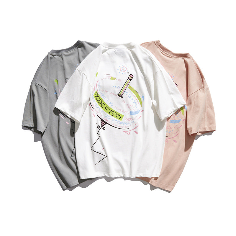 Cartoon Literary Flower Printing Short Sleeve Street Casual Loose-Fitting T-shirt Men's Fashion Half Sleeve Couples Dress Summer Wear