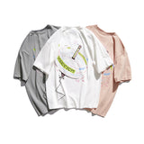 Cartoon Literary Flower Printing Short Sleeve Street Casual Loose-Fitting T-shirt Men's Fashion Half Sleeve Couples Dress Summer Wear