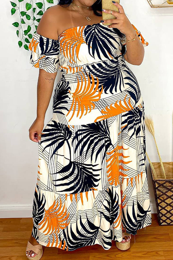 Women Plus Size Maxi Dresses Summer Sexy Off-Neck Printed Dress